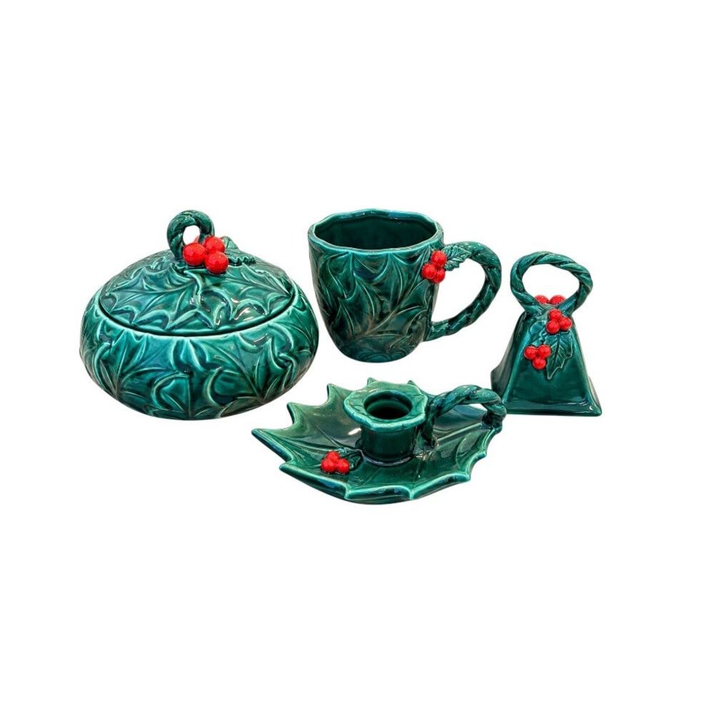 Vintage Lefton Green Holly Christmas Ceramic 4 Piece Set Japan